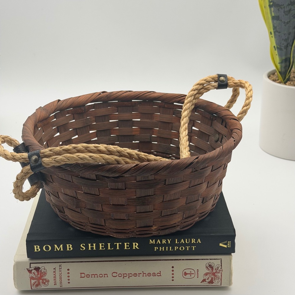Vintage Woven Bamboo Basket with Rope Handles Made in Japan Dark Reddish Brown
